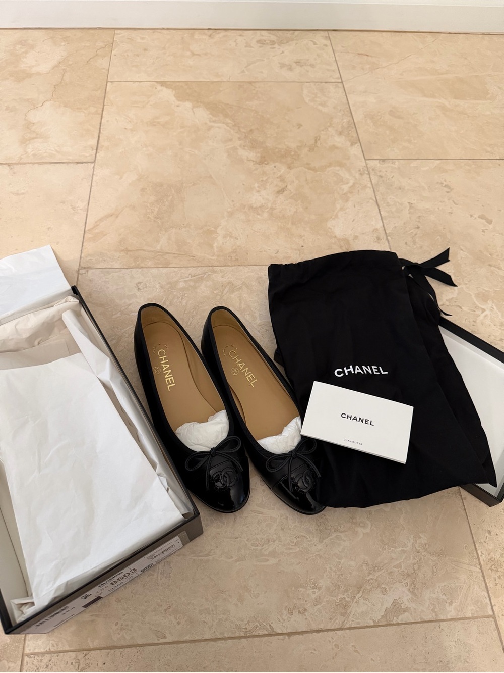 CHANEL Black Patent Cap-Toe Bow Ballet Flats - Picture 10 of 10